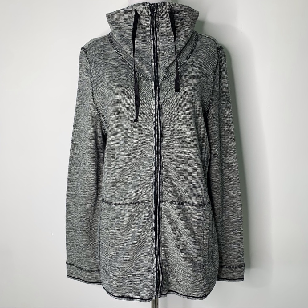 T by Talbots Gray Spacedye Zip Up Drawstring High Collar Sweater Size M Petite